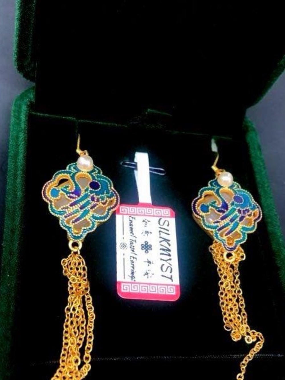 Silkmyst Chinese Style Ruyi Enamel Tassel Earrings Gold Cloisonne Hanfu